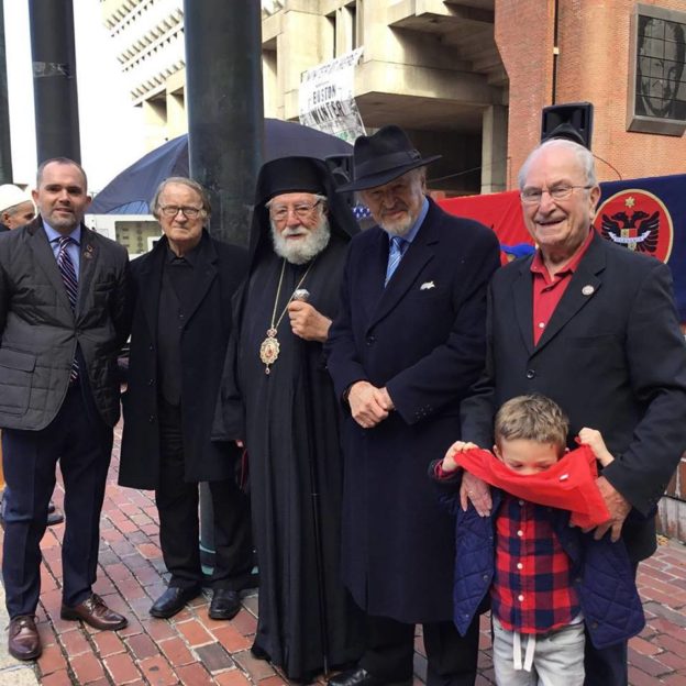 Celebration of The 105th Anniversary of Albanian Independence Day at City Hall Plaza. With Event organizer Petrit Alibej, Bishop Ilia and Ron Nasson