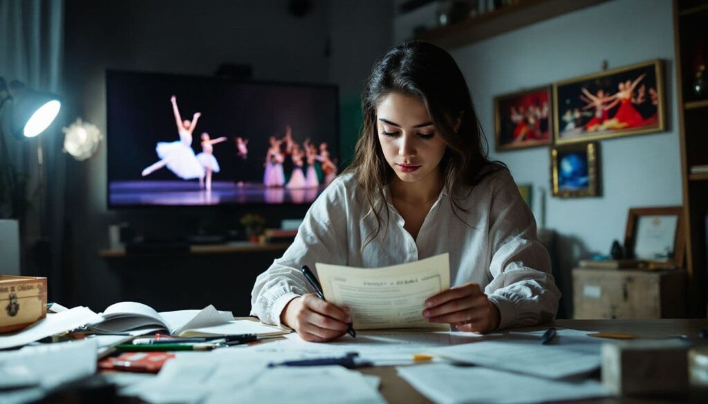 A dancer reviewing her ballet resume and cover letter.